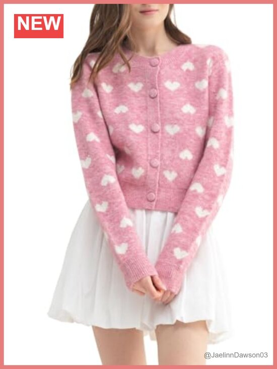 Sweaters - Women's Heart Cardigan Cropped Button Down Crewneck Long Sleeve Knit Sweater